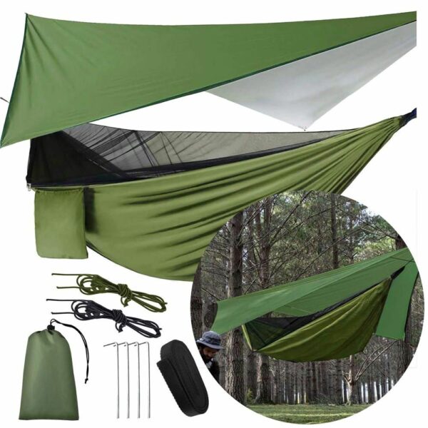 Hamac dublu din material parasuta 140x260cm, cu plasa de tantari si baldachin impermeabil, 200kg, verde - Image 9