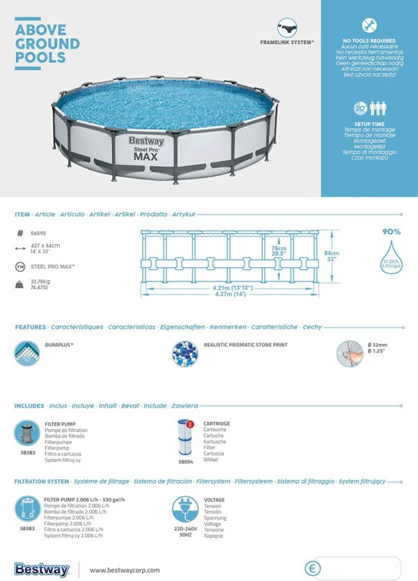 Piscina cadru metalic Bestway, 427x84 cm, 10.200 litri, cu pompa de filtrare - Image 9