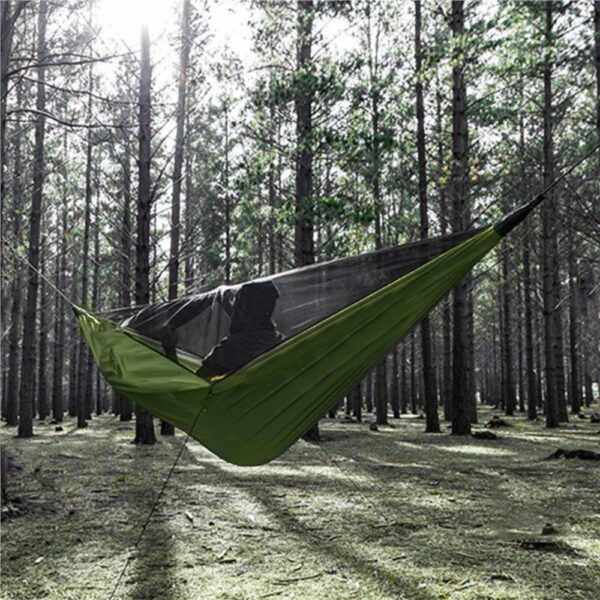Hamac dublu din material parasuta 140x260cm, cu plasa de tantari si baldachin impermeabil, 200kg, verde - Image 10