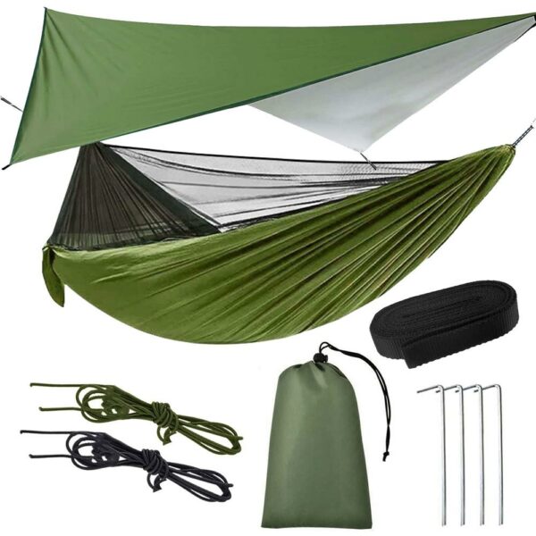 Hamac dublu din material parasuta 140x260cm, cu plasa de tantari si baldachin impermeabil, 200kg, verde - Image 15