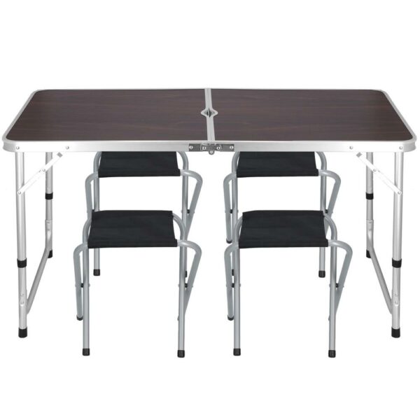 Összecsukható kempingasztal készlet MDF lap 4 székkel, 120x60x60/70cm, fekete barna - Image 16