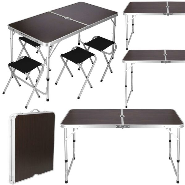Összecsukható kempingasztal készlet MDF lap 4 székkel, 120x60x60/70cm, fekete barna - Image 17