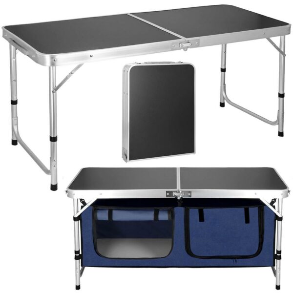 Masa camping pliabila cu spatiu depzoitare si cadru din aluminiu, blat MDF, 120x47x62/71cm, gri - Image 21