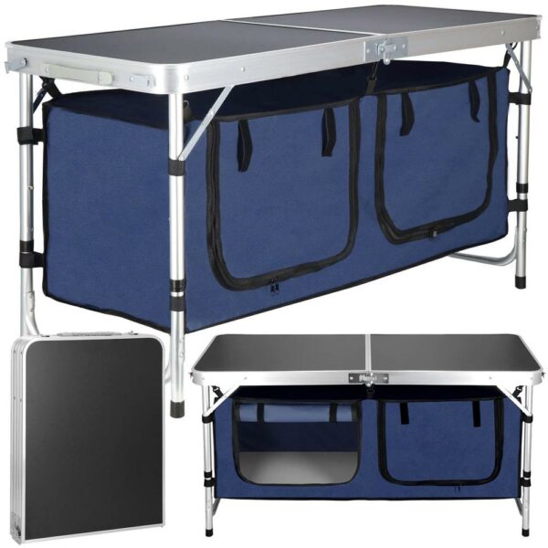 Masa camping pliabila cu spatiu depzoitare si cadru din aluminiu, blat MDF, 120x47x62/71cm, gri - Image 22