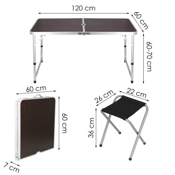 Összecsukható kempingasztal készlet MDF lap 4 székkel, 120x60x60/70cm, fekete barna - Image 22