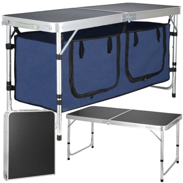 Masa camping pliabila cu spatiu depzoitare si cadru din aluminiu, blat MDF, 120x47x62/71cm, gri - Image 24