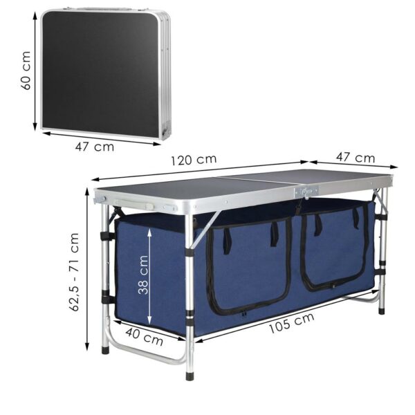Masa camping pliabila cu spatiu depzoitare si cadru din aluminiu, blat MDF, 120x47x62/71cm, gri - Image 25
