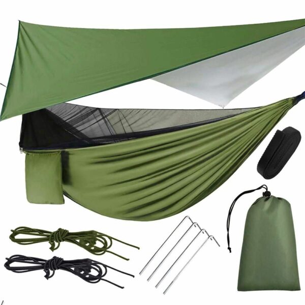 Hamac dublu din material parasuta 140x260cm, cu plasa de tantari si baldachin impermeabil, 200kg, verde - Image 5