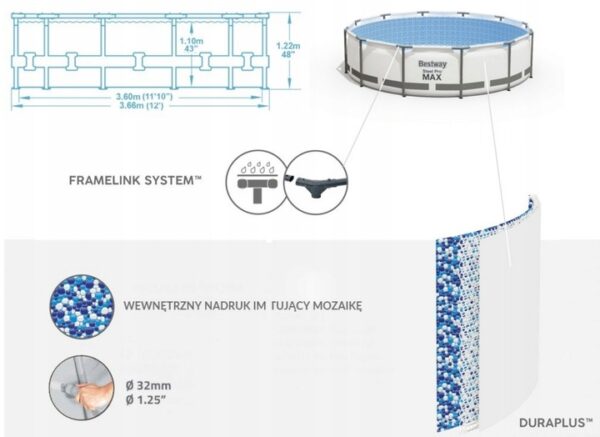 Piscina cadru metalic Bestway, 366x122cm, 10.250 litri, cu pompa de filtrare, scara si prelata - Image 4