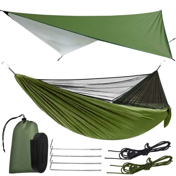 Hamac dublu din material parasuta 140x260cm, cu plasa de tantari si baldachin impermeabil, 200kg, verde - Image 6