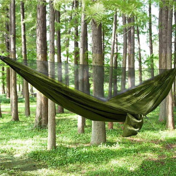 Hamac dublu din material parasuta 140x260cm, cu plasa de tantari si baldachin impermeabil, 200kg, verde - Image 7