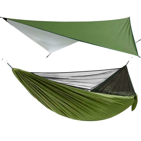 Hamac dublu din material parasuta 140x260cm, cu plasa de tantari si baldachin impermeabil, 200kg, verde - Image 2