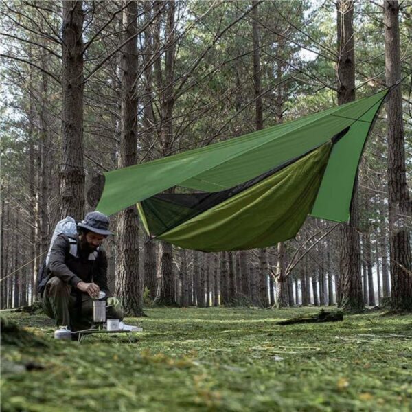 Hamac dublu din material parasuta 140x260cm, cu plasa de tantari si baldachin impermeabil, 200kg, verde - Image 8