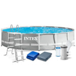 Piscina cadru metalic Intex Prism Frame, 457x107cm, 14.600 litri, cu pompa de filtrare, scara, covor si prelata