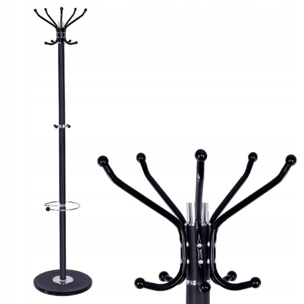 Cuier tip pom din metal cu baza de marmura, 14 agatatoare, 176cm, negru - Image 6