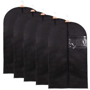 Set 5 huse transport haine, pe umeras, impermeabila cu fereastra, negru, 60x150 cm