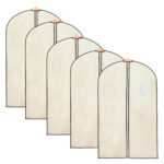 Set 5 huse transport haine, pe umeras, impermeabila cu fereastra, crem, 60x100 cm