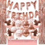 Set 48 baloane si decoratiuni, Happy Birthday, incluse fata de masa si perdea roz