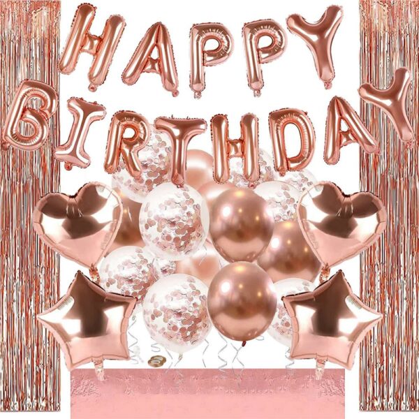 Set 48 baloane si decoratiuni, Happy Birthday, incluse fata de masa si perdea roz