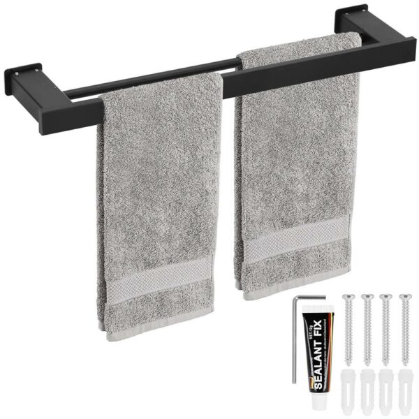 Suport prosoape pentru baie cu 2 sisteme de instalare, 2 brate, din aluminiu, 50x12cm, negru - Image 10