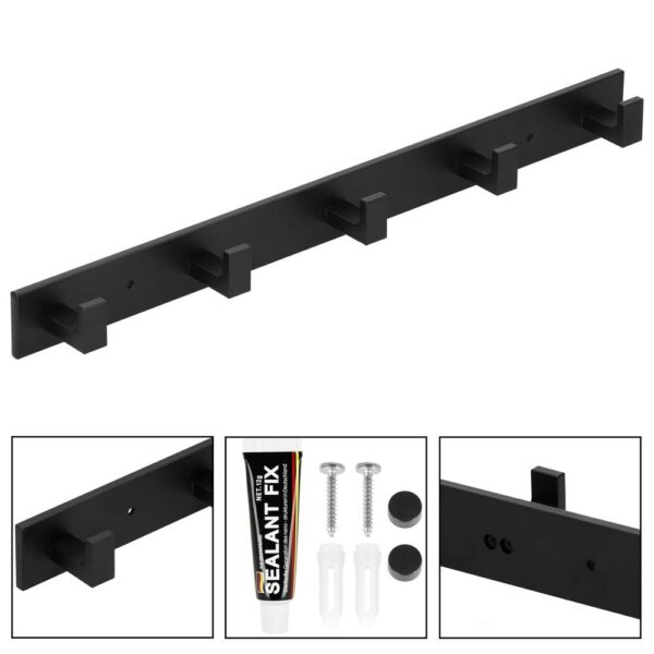 Cuier de baie pentru prosoape cu 2 sisteme instalare, aluminiu, 5 agatatori, 45x4cm, negru - Image 11