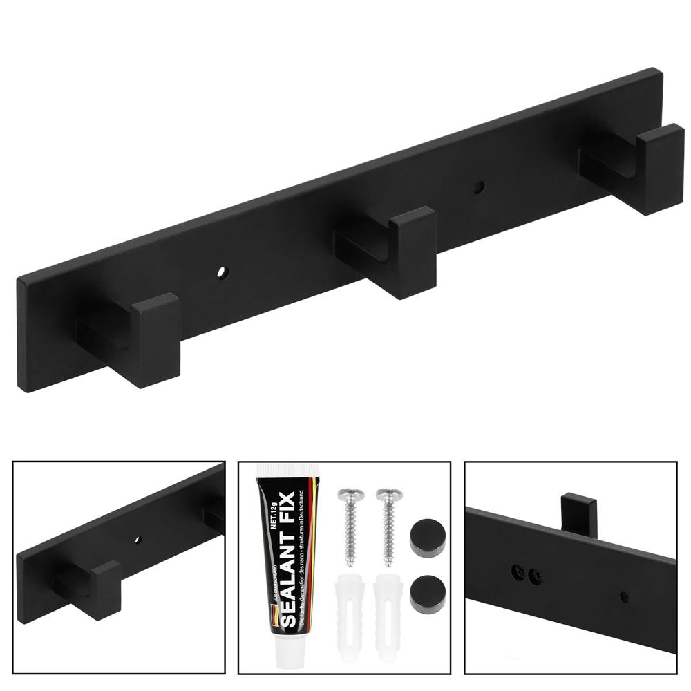 Cuier de baie pentru prosoape cu 2 sisteme instalare, aluminiu, 3 agatatori, 25x4cm, negru - Image 10