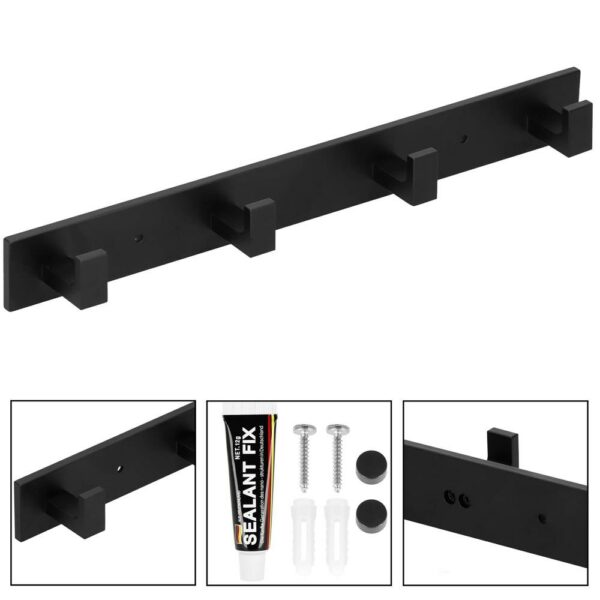 Cuier de baie pentru prosoape cu 2 sisteme instalare, aluminiu, 4 agatatori, 35x4cm, negru - Image 10