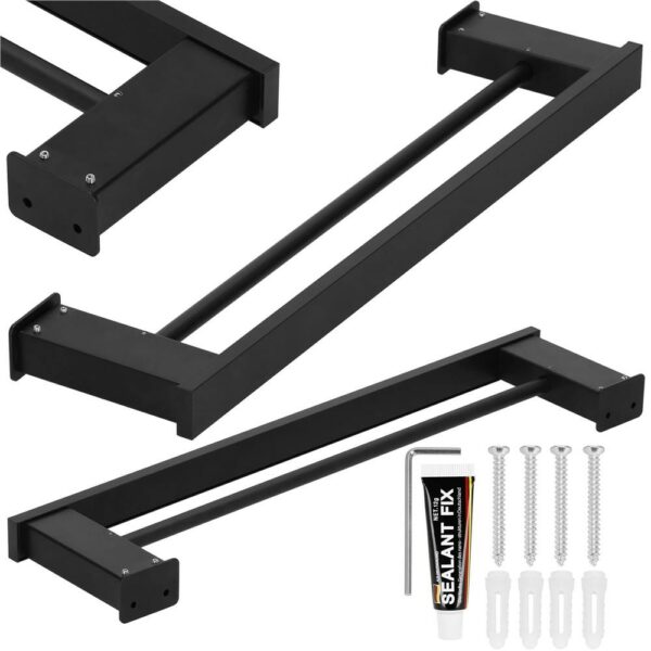 Suport prosoape pentru baie cu 2 sisteme de instalare, 2 brate, din aluminiu, 50x12cm, negru - Image 11
