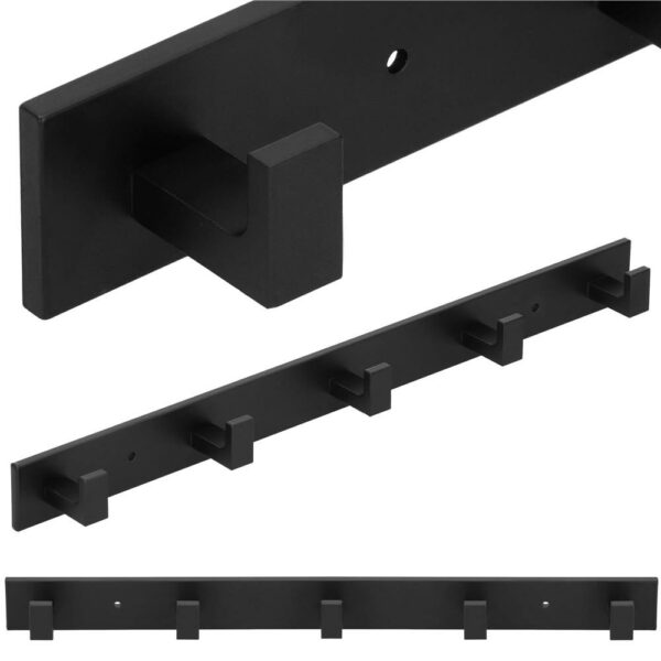 Cuier de baie pentru prosoape cu 2 sisteme instalare, aluminiu, 5 agatatori, 45x4cm, negru - Image 12