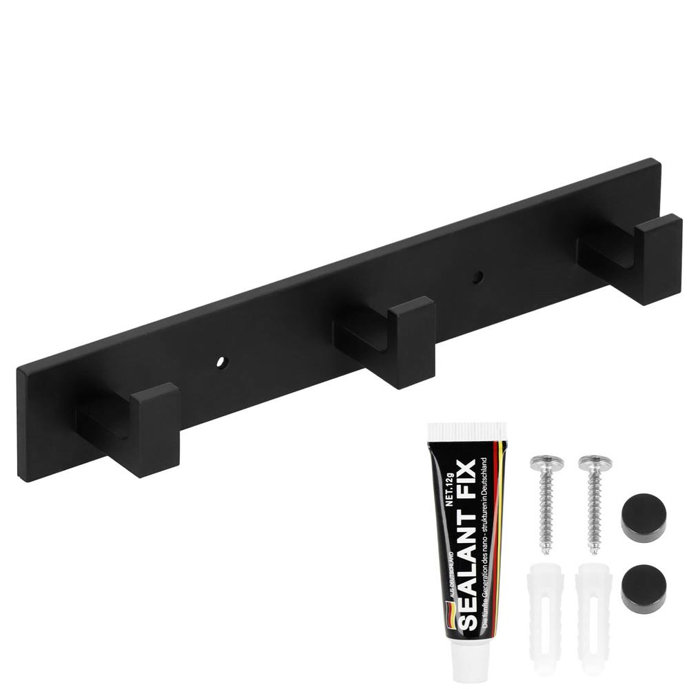 Cuier de baie pentru prosoape cu 2 sisteme instalare, aluminiu, 3 agatatori, 25x4cm, negru - Image 11