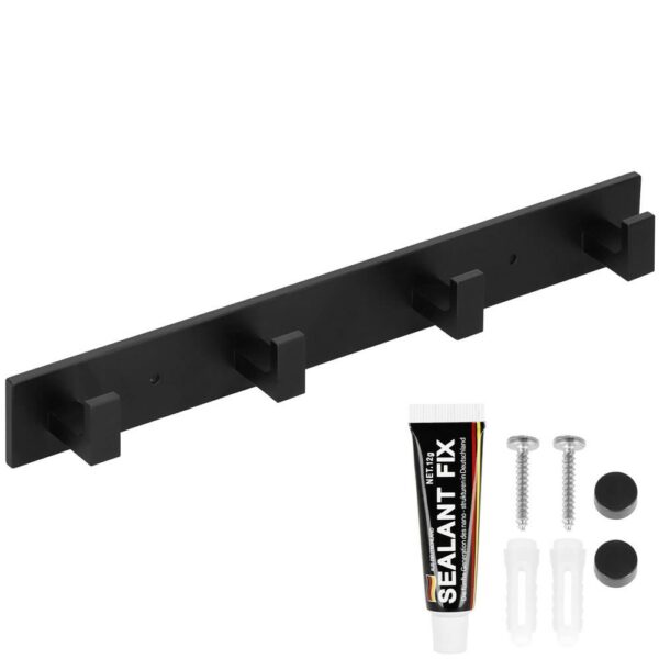 Cuier de baie pentru prosoape cu 2 sisteme instalare, aluminiu, 4 agatatori, 35x4cm, negru - Image 11