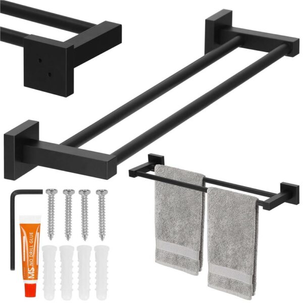 Suport prosoape pentru baie cu 2 sisteme de instalare, 2 brate, din aluminiu, 50x11cm, negru - Image 12