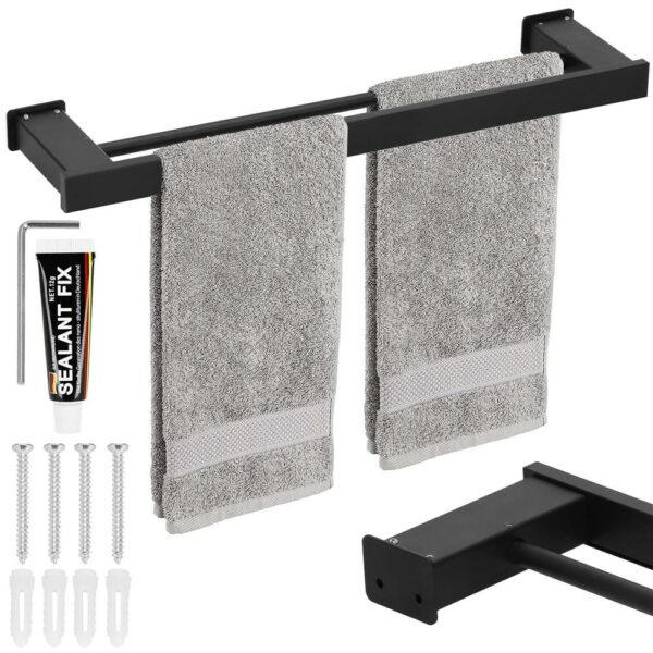 Suport prosoape pentru baie cu 2 sisteme de instalare, 2 brate, din aluminiu, 50x12cm, negru - Image 12