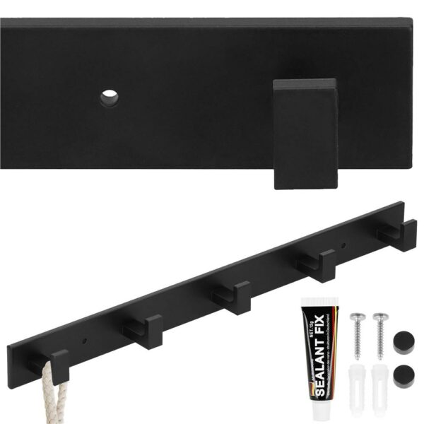 Cuier de baie pentru prosoape cu 2 sisteme instalare, aluminiu, 5 agatatori, 45x4cm, negru - Image 13