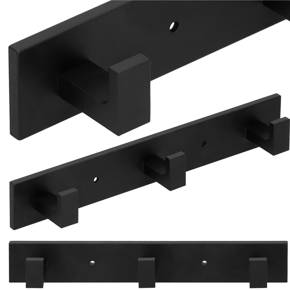 Cuier de baie pentru prosoape cu 2 sisteme instalare, aluminiu, 3 agatatori, 25x4cm, negru - Image 12