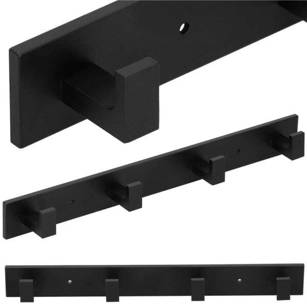 Cuier de baie pentru prosoape cu 2 sisteme instalare, aluminiu, 4 agatatori, 35x4cm, negru - Image 12