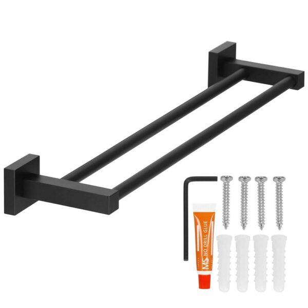 Suport prosoape pentru baie cu 2 sisteme de instalare, 2 brate, din aluminiu, 50x11cm, negru - Image 13