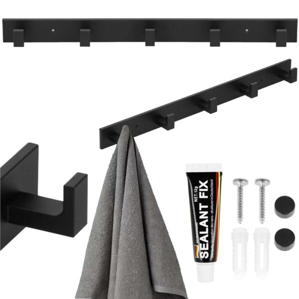 Cuier de baie pentru prosoape cu 2 sisteme instalare, aluminiu, 5 agatatori, 45x4cm, negru - Image 14