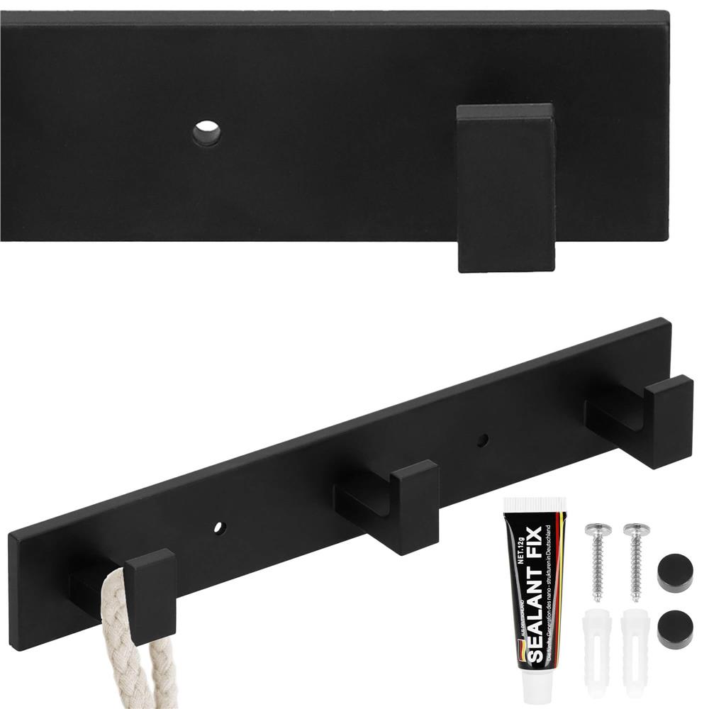 Cuier de baie pentru prosoape cu 2 sisteme instalare, aluminiu, 3 agatatori, 25x4cm, negru - Image 13