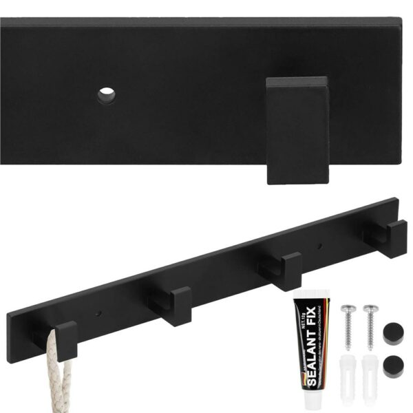 Cuier de baie pentru prosoape cu 2 sisteme instalare, aluminiu, 4 agatatori, 35x4cm, negru - Image 13