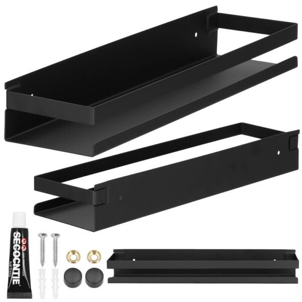 Raft de baie cu 2 sisteme instalare pe perete, aluminiu, 40x10x6cm, negru - Image 15
