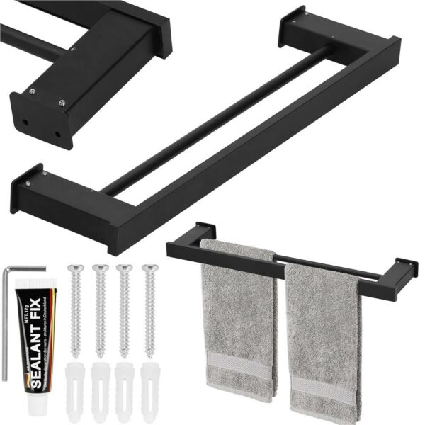 Suport prosoape pentru baie cu 2 sisteme de instalare, 2 brate, din aluminiu, 50x12cm, negru - Image 14