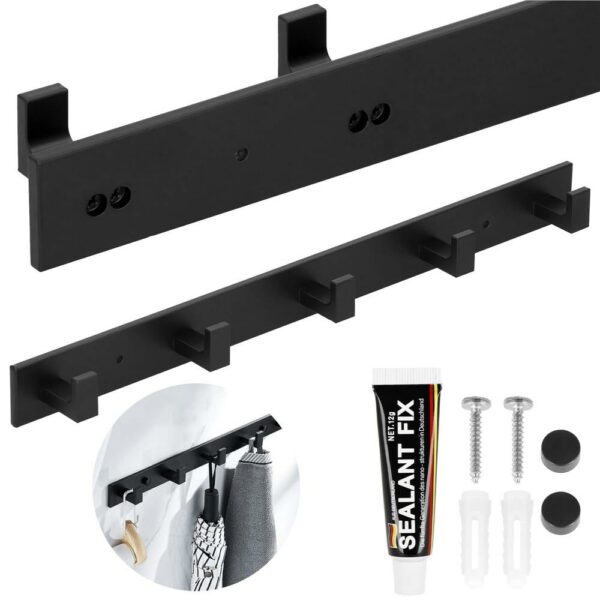 Cuier de baie pentru prosoape cu 2 sisteme instalare, aluminiu, 5 agatatori, 45x4cm, negru - Image 15