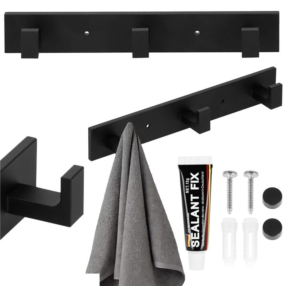 Cuier de baie pentru prosoape cu 2 sisteme instalare, aluminiu, 3 agatatori, 25x4cm, negru - Image 14