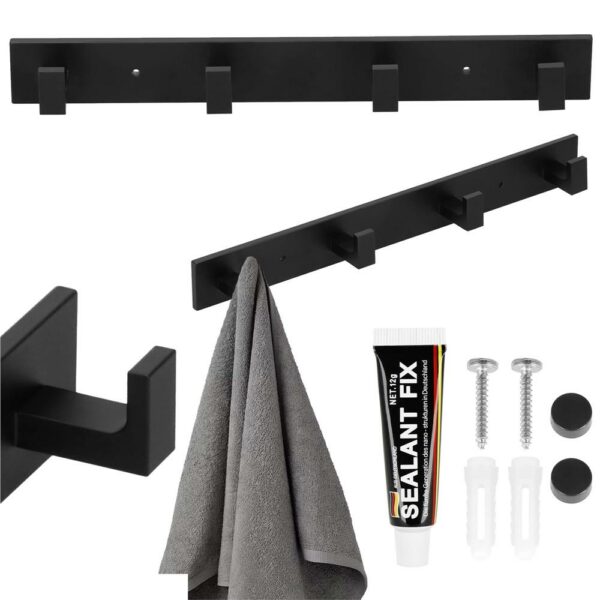 Cuier de baie pentru prosoape cu 2 sisteme instalare, aluminiu, 4 agatatori, 35x4cm, negru - Image 14