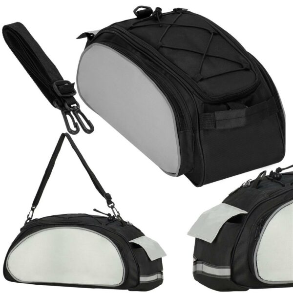 Geanta portbagaj bicicleta, 1 compartiment si 3 buzunare laterale, 40x20x17cm, negru cu elemente reflectorizante gri - Image 14