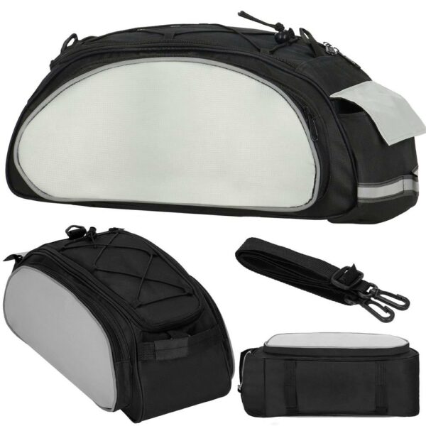 Geanta portbagaj bicicleta, 1 compartiment si 3 buzunare laterale, 40x20x17cm, negru cu elemente reflectorizante gri - Image 15