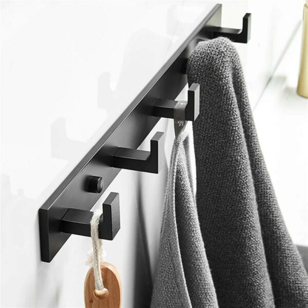 Cuier de baie pentru prosoape cu 2 sisteme instalare, aluminiu, 5 agatatori, 45x4cm, negru - Image 18