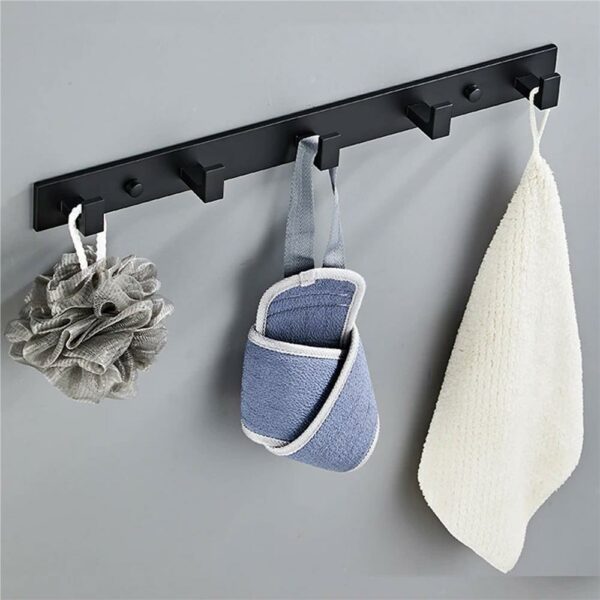 Cuier de baie pentru prosoape cu 2 sisteme instalare, aluminiu, 5 agatatori, 45x4cm, negru - Image 19