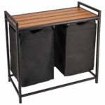 (DL) Szennyeskosár fémvázzal és fa fedlappal, 2 × 46 liter, 72x73x33 cm, fekete